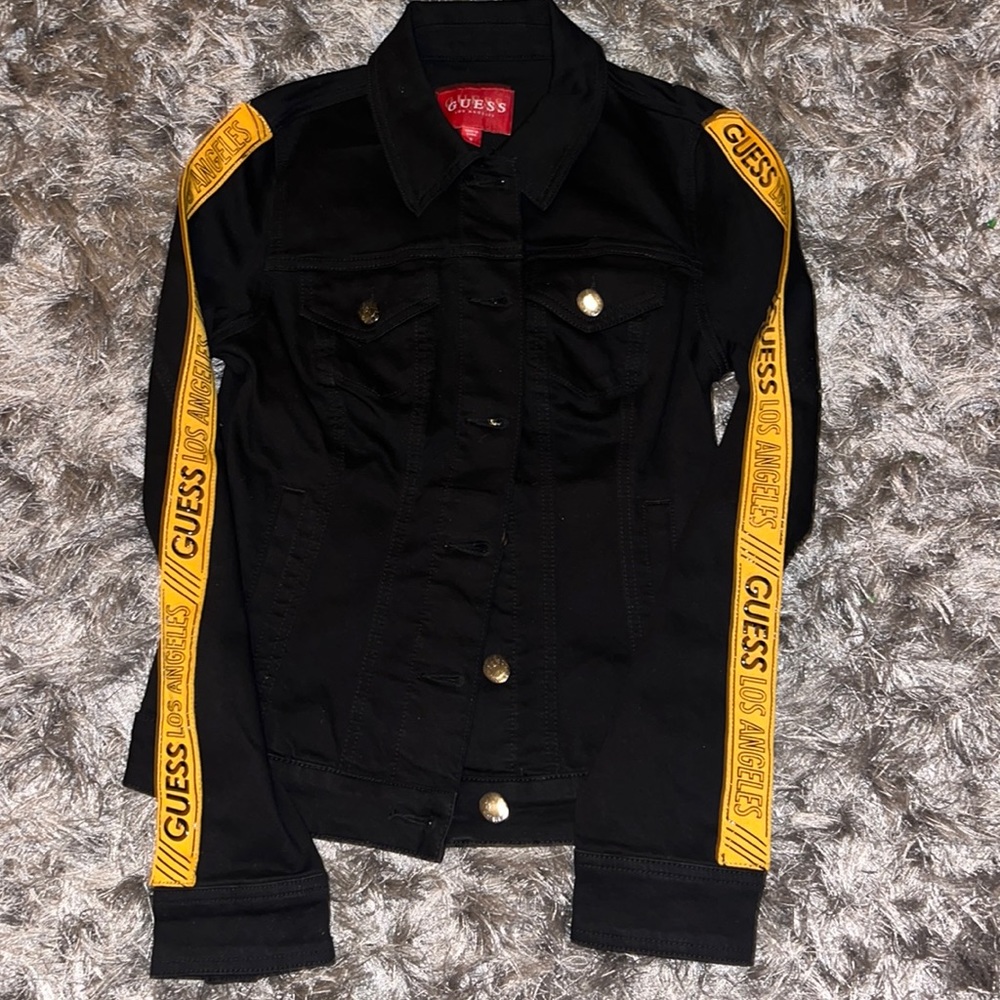 Black Guess Los Angeles Jean Jacket W/ Yellow Lettering down Arms